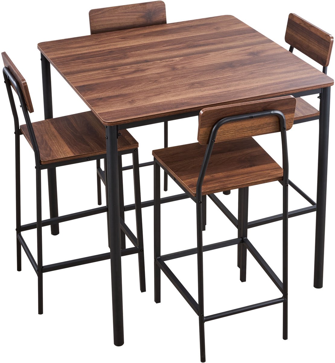 Bartafelset (5-Delig) met 4 Barkrukken en Afgeronde Randen, Vierkante Tafel, Staande Tafel (90 X 90 X 91 cm), Bistrotafel, Eettafel, Ideaal voor Kantoor, Minibar, Woonkamer en Eetkamer