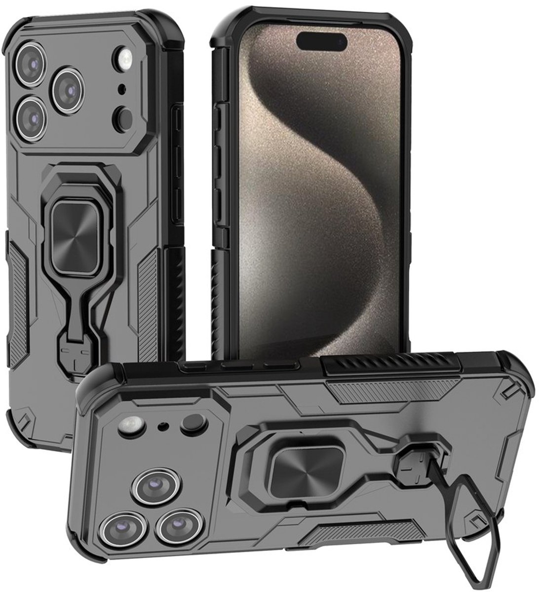 MobyDefend Hoesje - Geschikt voor iPhone 18 Pro - Dubbelgelaagde Pantsercase Met Standaard - Zwart