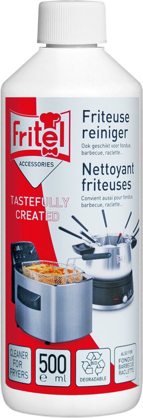 Fritel reiniger voor friteuses, 500ml. Met afbeelding van een friteuse en mandjes.