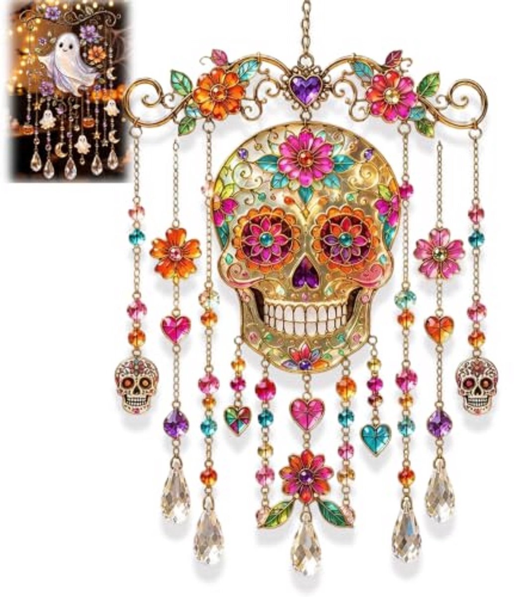 Casalora® Halloween Kristallen Windspel - Gotische Glinsterende Acryl Hangende Decoratie - Buitendecoratie voor Tuin, Veranda, Balkon en Raam (Sugar Skull) - Spookachtig Schattig Herfst Cadeau