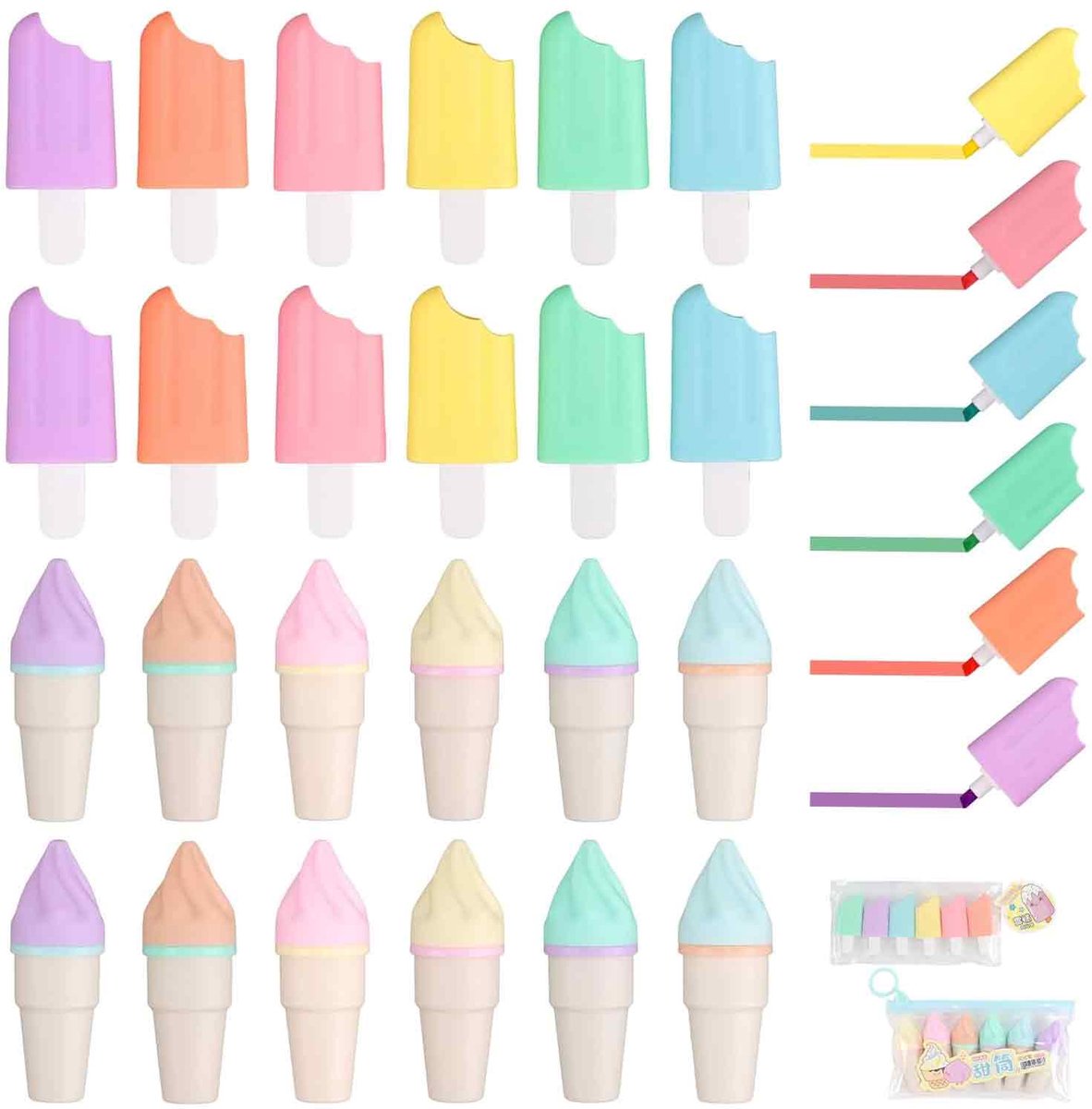 Set van 24 Mini Markeerstiften - 6 Pastelkleuren - IJsvormige Highlighters - Kleine en Grappige Markeerstiften - Voor School, Kinderfeestjes, Traktaties en Cadeautjes
