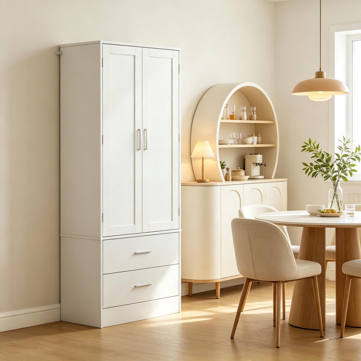 Clruro Keukenkast 60x40x159 cm - met 2 Deuren, 2 Laden en Kruidenrekken - Verstelbare Planken - MDF/Spaanplaat - Wit