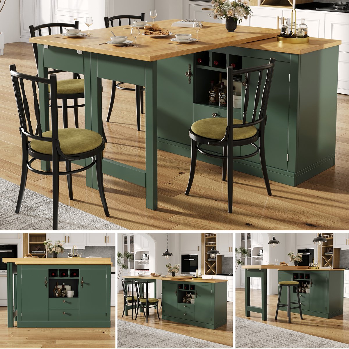 Clruro Bartafel 120-180x40x76 cm - Uitschuifbaar met Draaifunctie en Opbergruimte - MDF - Donkergroen