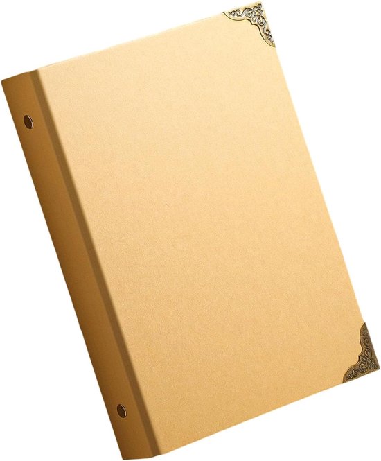 Bruin fotoalbum met drie ringen en decoratieve antiek-messing metalen hoekjes.