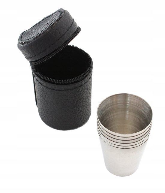 Set van 6 RVS Drinkbekers 30ml met Zwart Kunstlederen Etui — afbeelding 2