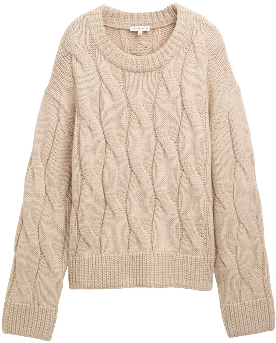 Tom Tailor - Losse gebreide trui met kabelpatroon - Maat S - soft taupe melange