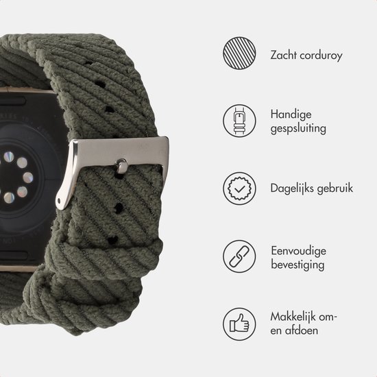 Detail van een groen corduroy horlogebandje met zilverkleurige gesp en de tekst 'Zacht corduroy', 'Handige gespsluiting', 'Dagelijks gebruik', 'Eenvoudige bevestiging', 'Makkelijk om- en afdoen'.