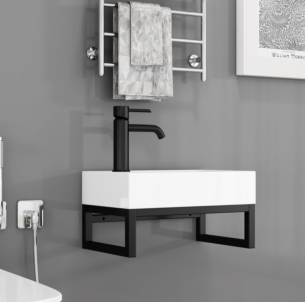 MIVRAY Wandwaschbecken Mini – Compact En Ruimtebesparend – 40 x 21 x 25 cm – Keramiek En Metaal – Wit En Zwart – Voor Gastentoilet En Badkamer – Met Overloop