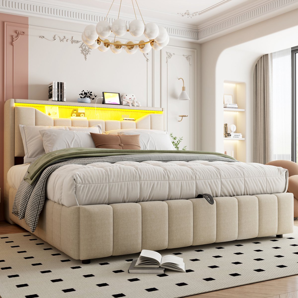 DESMIU Bed 180x200cm – Tweepersoonsbed Met Opbergruimte En Hydraulisch Systeem – Bedframe Met Ledverlichting, Usb En Usb-C – Slaapkamer – Linnenlook – Beige – Zonder Matras