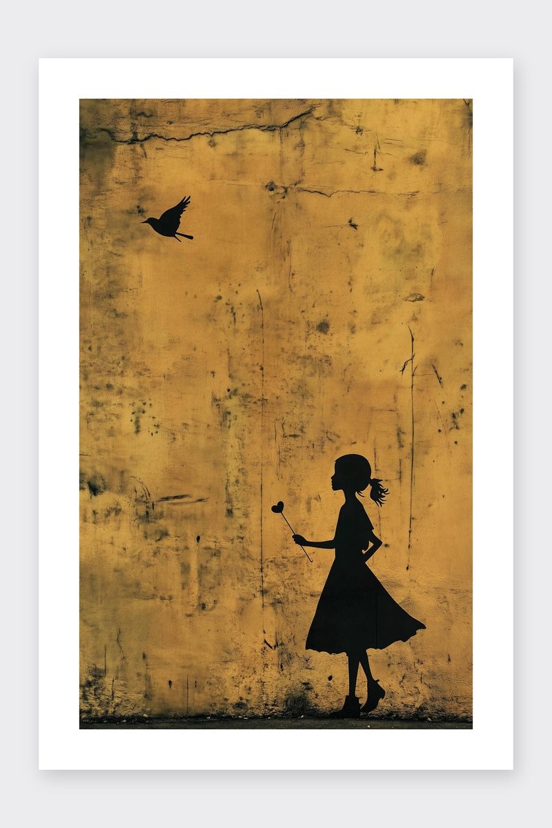 Meisje Poster - Banksy Geïnspireerd - Geïnspireerd door Banksy - Street Art - Silhouet - Kunst - Vogel - Urban - posters - formaat 30x40cm - Wanddecoratie - BXS5407KMD - Met kader - passe-partouts stijl