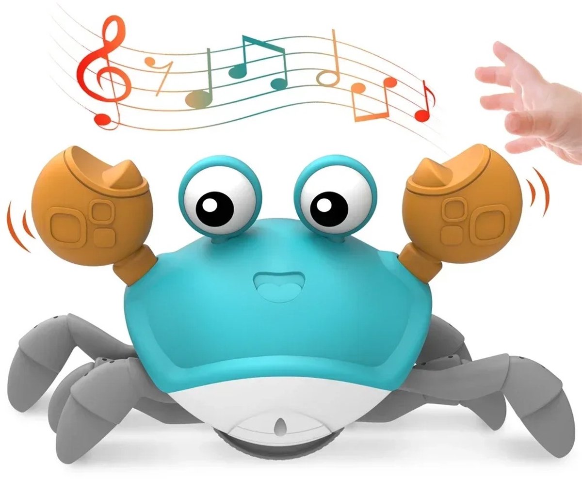 Kruipende krab-speelgoed voor baby's, interactieve krab met muziek – interactieve, lopende en dansende krab voor baby's en peuters met infraroodsensoren, muziek en zintuiglijke stimulatie; een leuk cadeau.