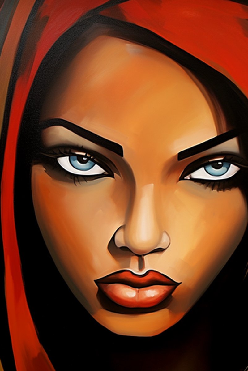 Vrouw Hoofddoek Poster - Vrouw Abstract - Vrouw Mooi - Vrouw Rood - Woondecoratie - posters - formaat 70x100cm - L618