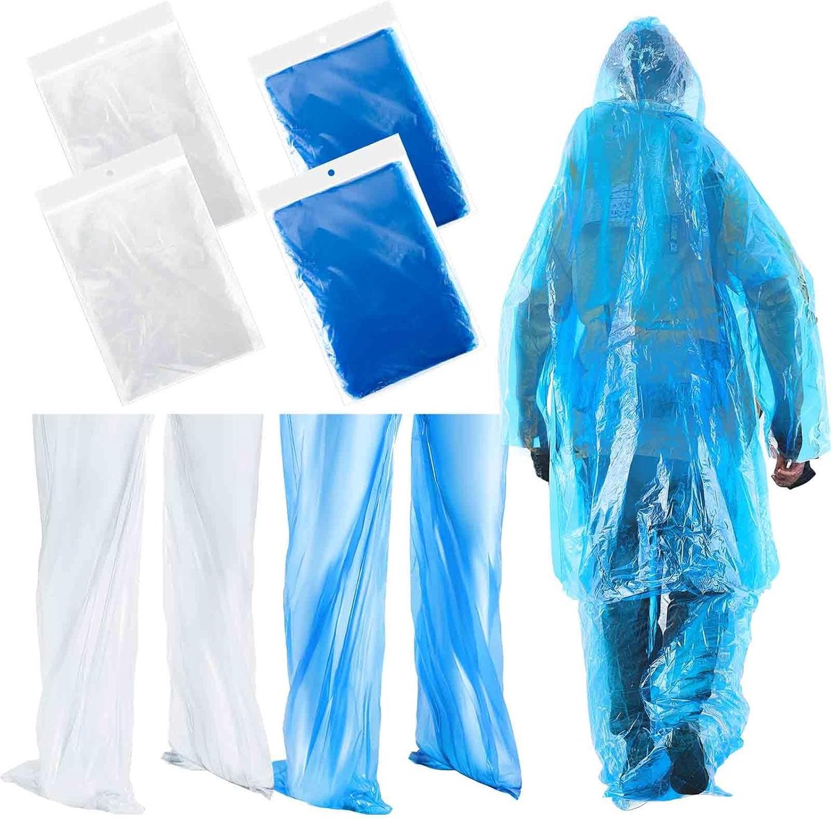 Set van 4 Wegwerp Regenponcho voor Volwassenen - Inclusief Regenbroek met Schoenbescherming - Lichtgewicht & Opvouwbaar - Fiets & Wandelen - Transparant / Blauw - SOLLBRY®