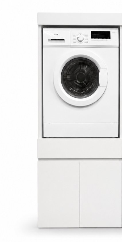 Meuble blanc pour lave-linge et sèche-linge avec deux portes en bas.