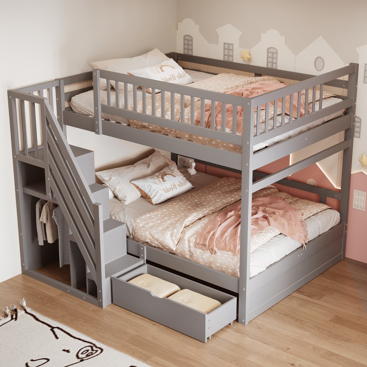 REDOM - Stapelbed - Met opbergladder en bedlade - Met lattenbodem en uitvalbeveiliging - Kinderkamer - Hout - Grijs - 205 x 145 x 173,5 cm
