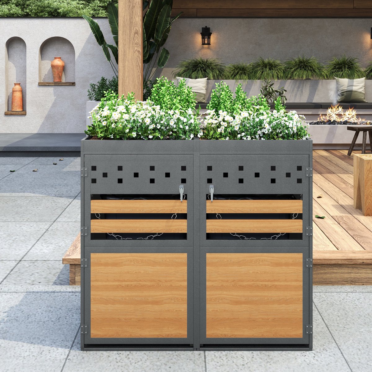 Wishdor Tweedelige containerberging - Met plantdak en ventilatiesleuven - Afsluitbaar en koppelbaar - Voor tuin oprit buiten - Metaal - Grijs naturel - 132 x 80 x 125 cm