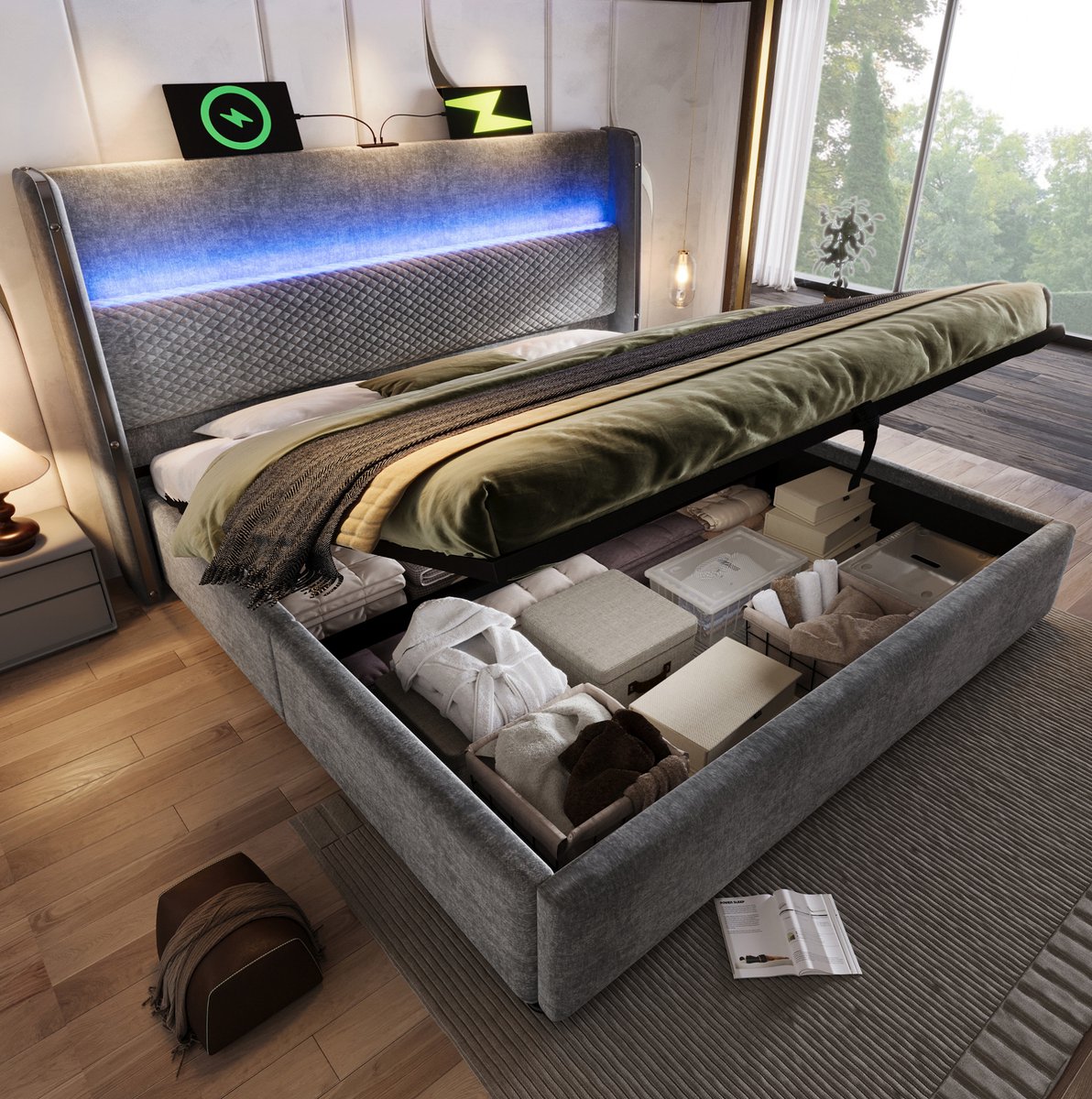 REDOM - Bed met opbergruimte - Hoog hoofdbord met LED-verlichting en USB-/Type-C-aansluiting - Inclusief matras - Stof - Grijs - 221 x 153 x 121 cm