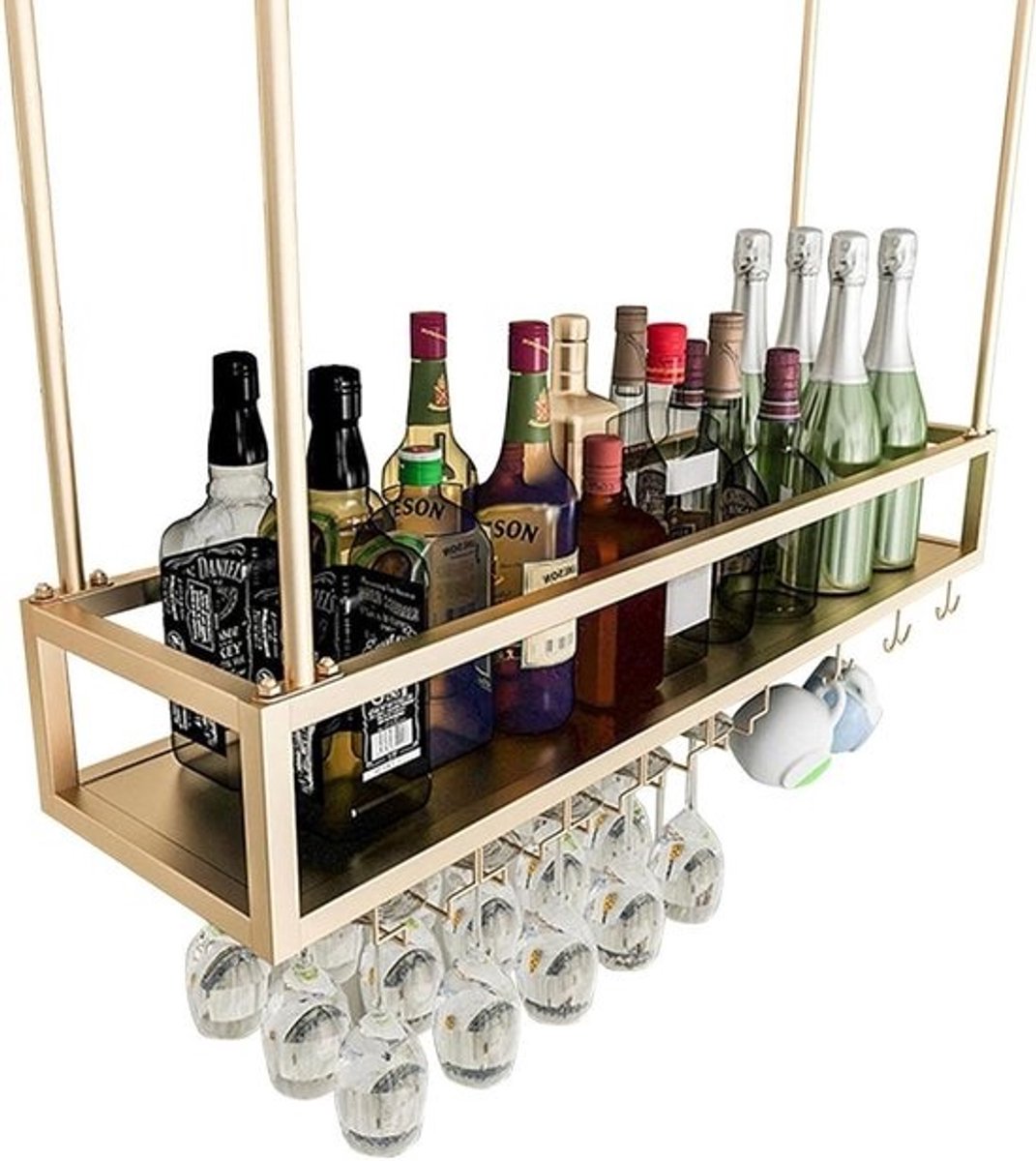 Wijnglasrek met Fleshouder - Glaswerk Organisator - Keuken Opbergen - Verstelbare Ophanging - 60x25x21cm - Goud