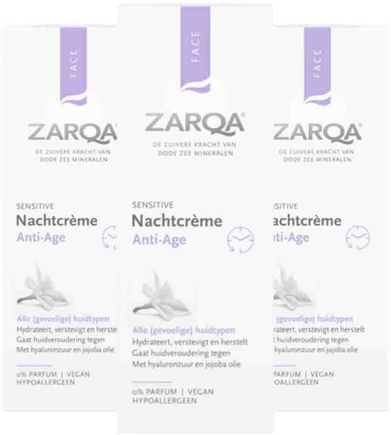 Voordeelverpakking met drie potjes Zarqa Nachtcrème Anti-Age voor gevoelige huidtypen, met 0% parfum en vegan.