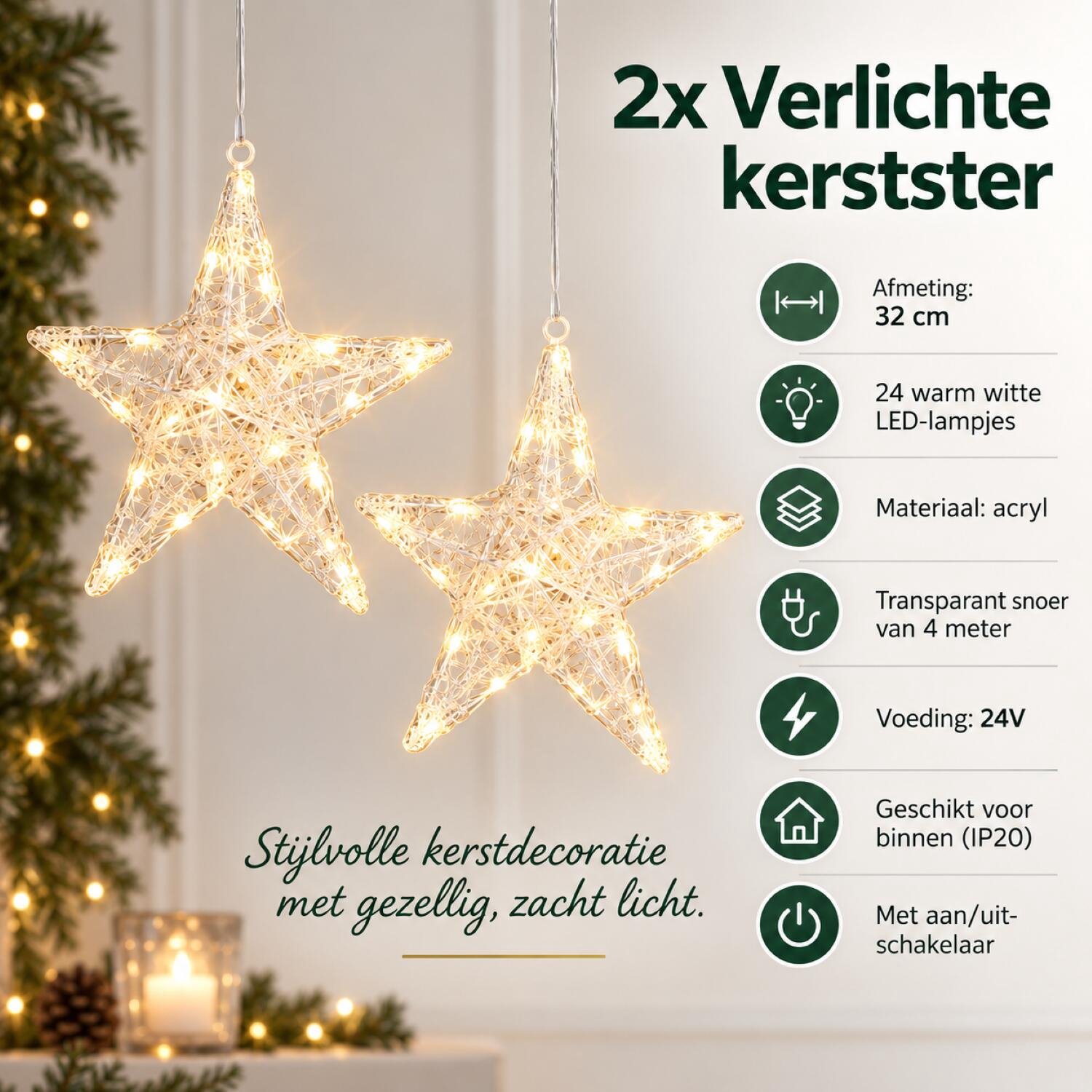 Verlichte kerstster - 2x - 32 cm - 24 led lampjes - warm wit - acryl - binnen gebruik - dimmer - kerstverlichting – foto 8