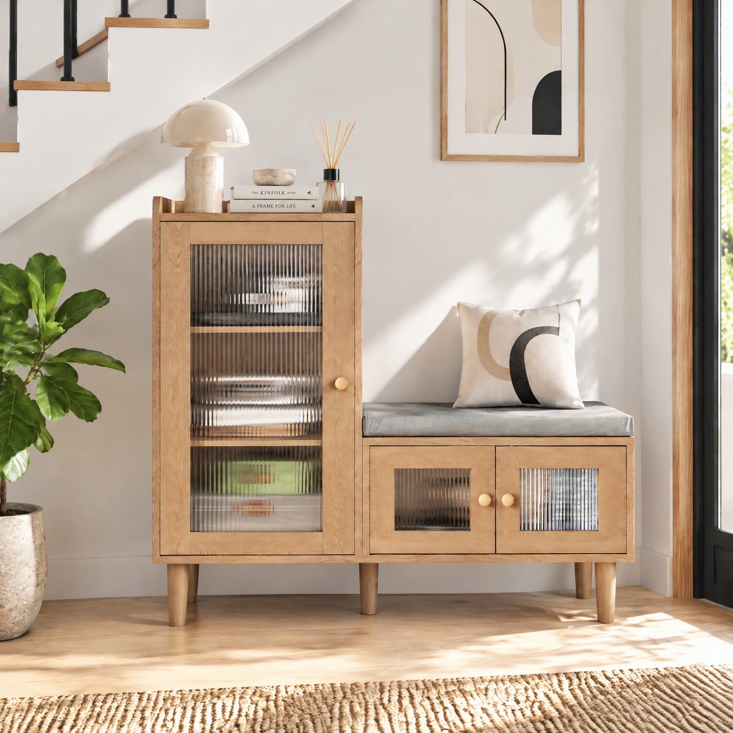 Schoenenkast met zitje, Schoenenbank met 3 deuren en verstelbare schotten, Moderne halinrichting met goudkleurige metalen poten en handgrepen, 100 x 35 x 82,5 cm, Natuurlijke houtkleur