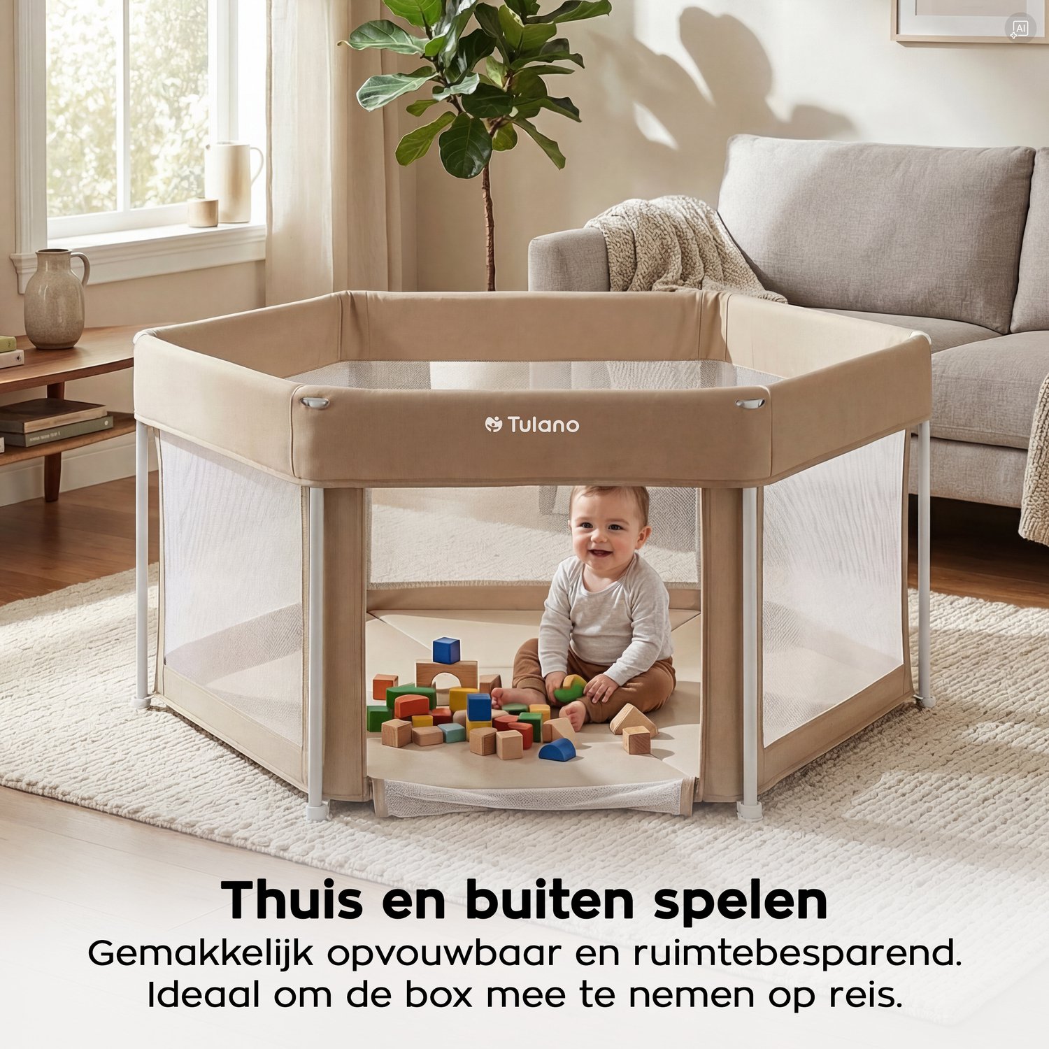 Tulano Cozy 30 - Grondbox - 125x125x66cm - Met draagtas - Inklapbare - Opvouwbare Baby Speelbox - zeshoek - voor binnen en buiten - ademend gaas - EN71 gecertificeerd - Beige – foto 6