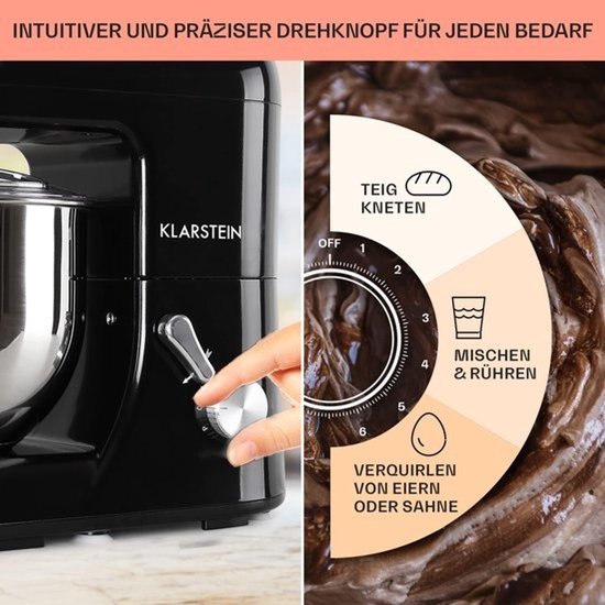 Klarstein TK2-Mix8-B Bella Nera - keukenmachine met roersysteem - 1200 watt, mengkom van 5.2 Litre, 6 snelheden - zwart — afbeelding 3