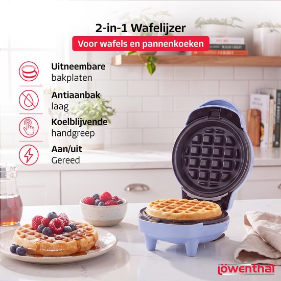 2-in-1 Wafel- en Pannenkoekenmaker - Wafelijzer met Verwisselbare Platen - Pannenkoeken Maker met Koudgrepen - Mini Wafelmaker met Anti Aanbaklaag - Pancake Maker - Uitneembare Platen - Waffle Maker - Wafelmachine - Waffle Iron - Blauw - Löwenthal — afbeelding 3