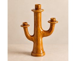 Grote Keramische Kandelaar 3-Arms – Oker – 44 x 30 cm – Handgemaakt in Marokko – Kaarsenhouder