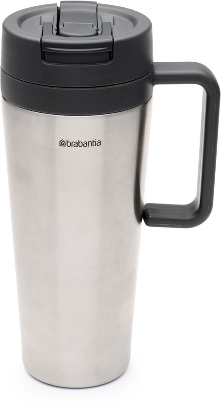 RVS beker met zwarte deksel en verstelbare handgreep, Brabantia logo zichtbaar.