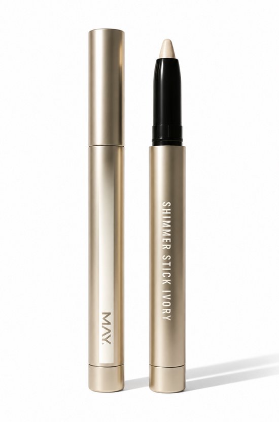 Shimmer Stick Ivory in een goudkleurige huls, getoond met en zonder dop.