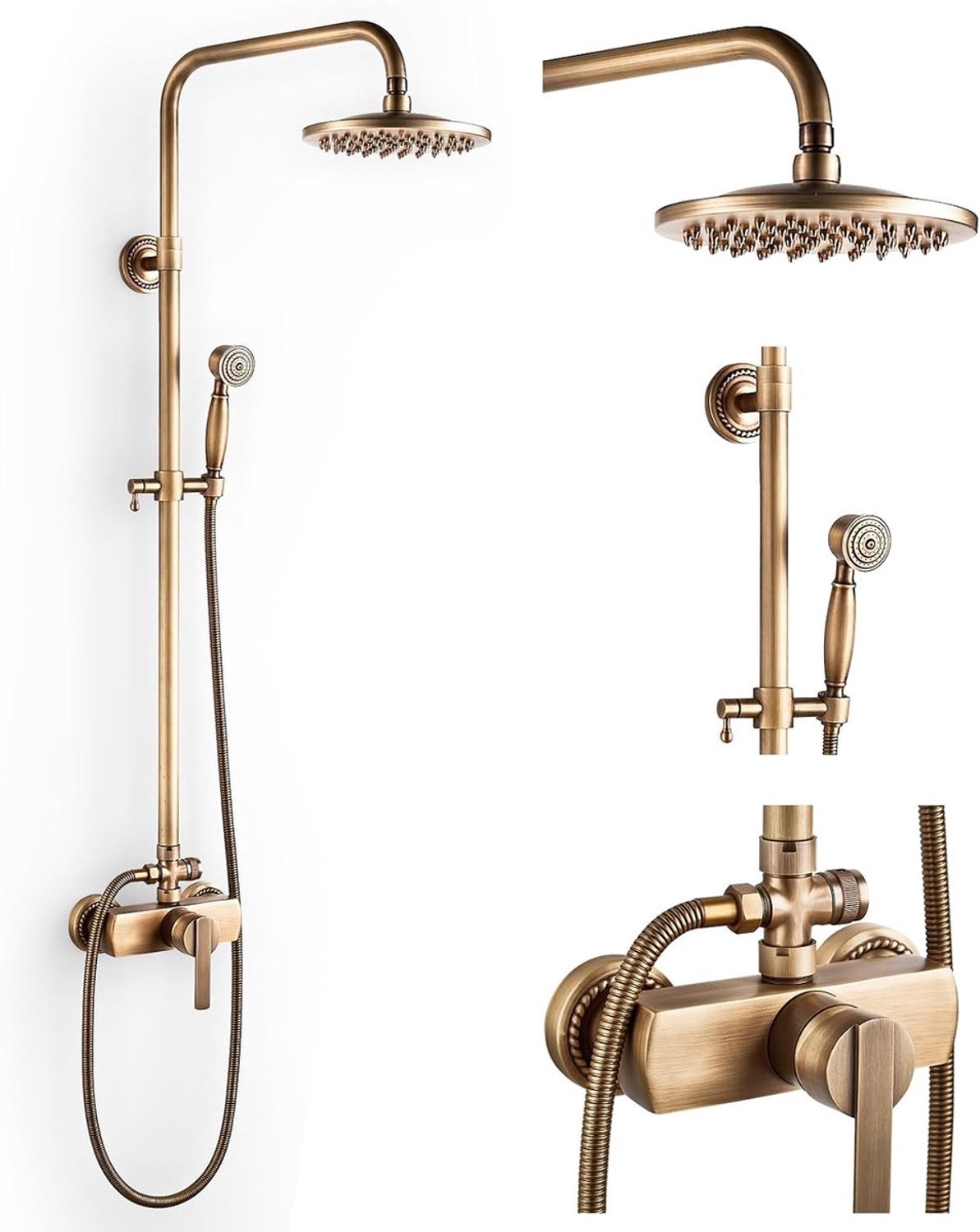 Auralum Max - Antiek Messing Douchesysteem - Retro Douchekraan Set Goud - Vintage Douchearmatuur - 8 Inch Regendouche - Handdouchekop - Hoogte Verstelbaar 96-135 cm - Antiek Messing Doucheset - Waterbesparend