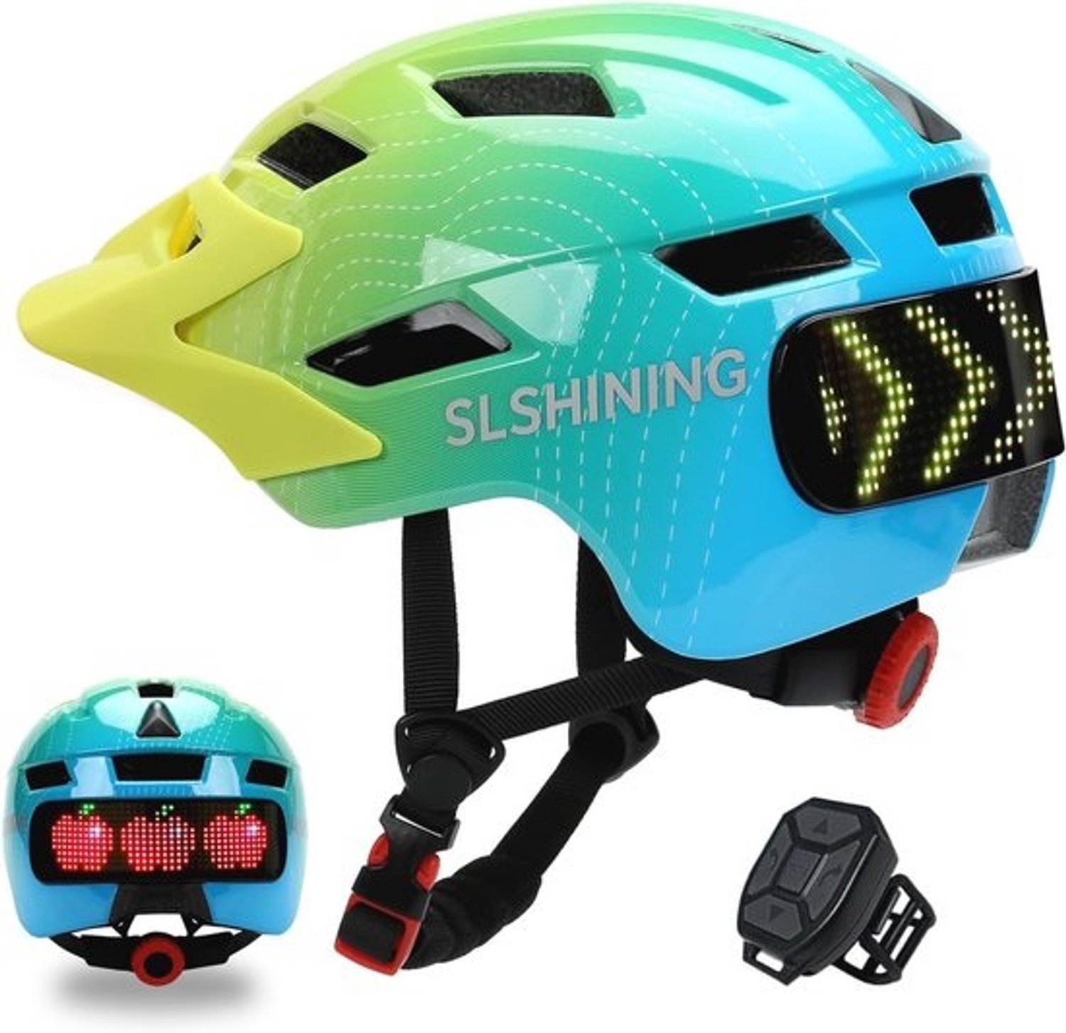Kinderfietshelm met LED-richtingaanwijzers en afneembaar zonnescherm