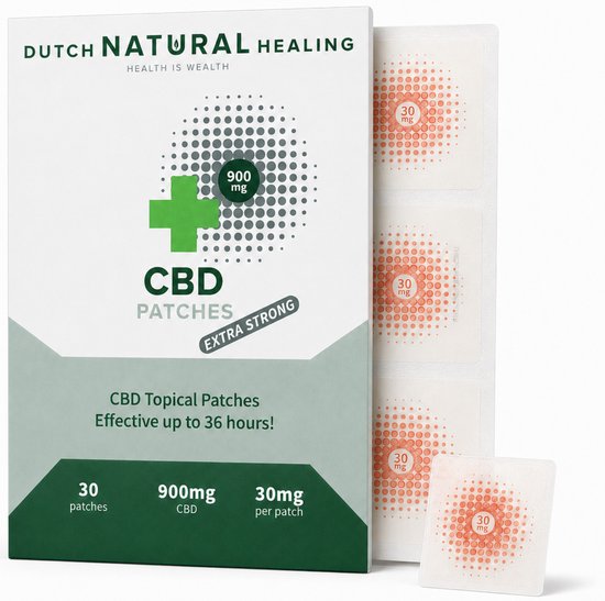Verpakking van Dutch Natural Healing CBD-pleisters (900mg) met 30 pleisters van 30mg, inclusief losse pleister.