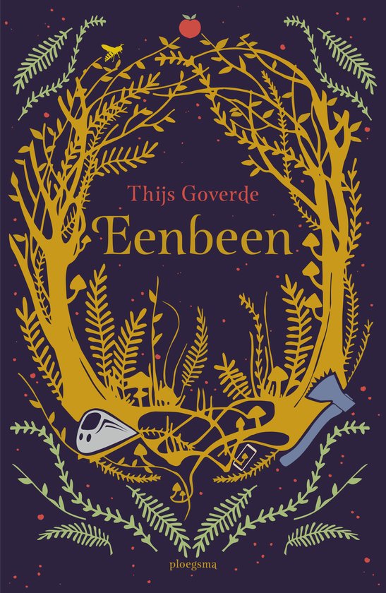 Boekomslag 'Eenbeen' van Thijs Goverde met een gouden boomomlijsting, paddenstoelen, bij, appel en bijl op paarse achtergrond.