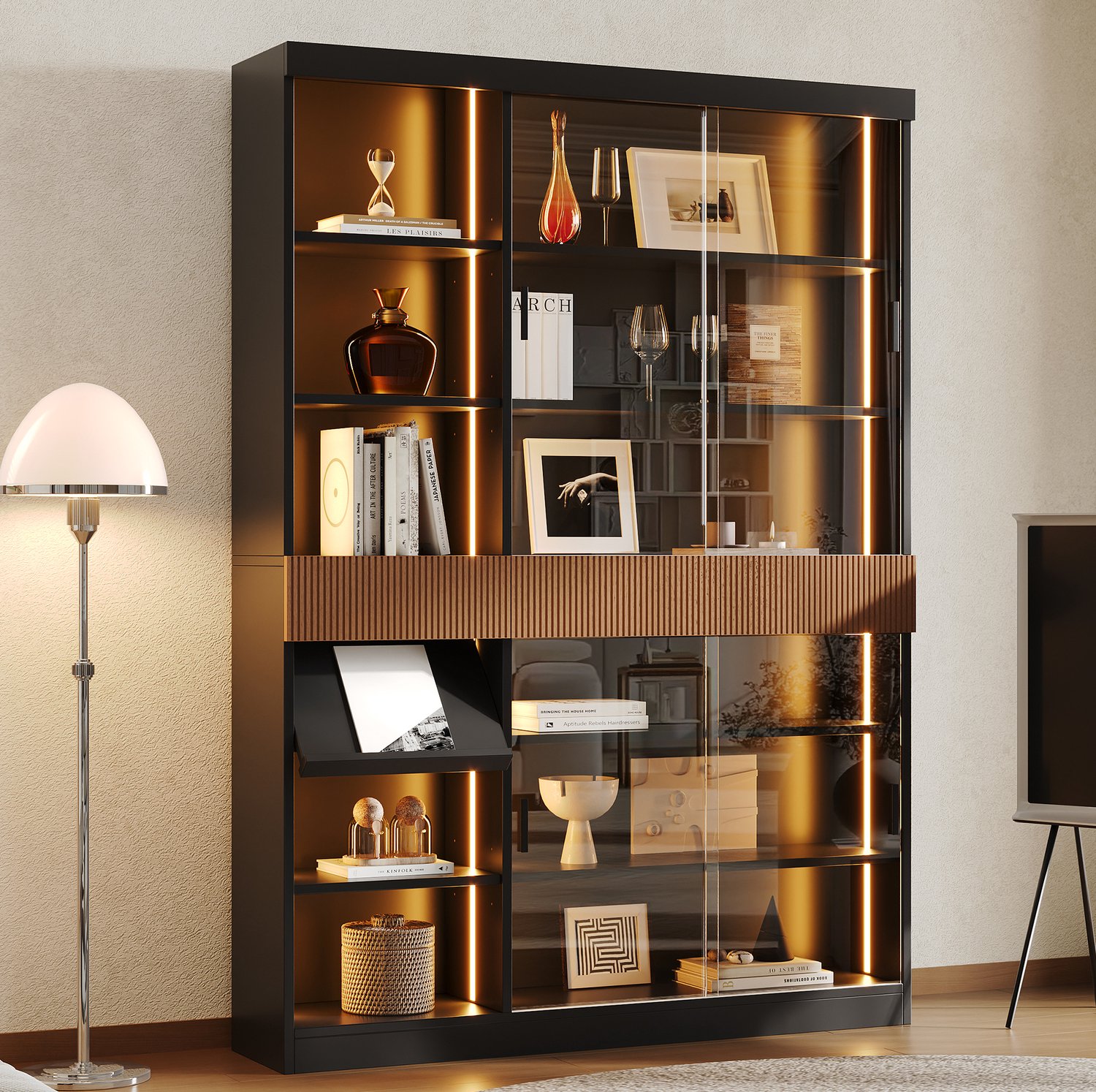 OKWISH Vitrinekast – Ledverlichting – Schuifdeuren Van Gehard Glas – 3 Lades En Klapvak – MDF Zwart Bruin – 120 x 28,5 x 180 cm