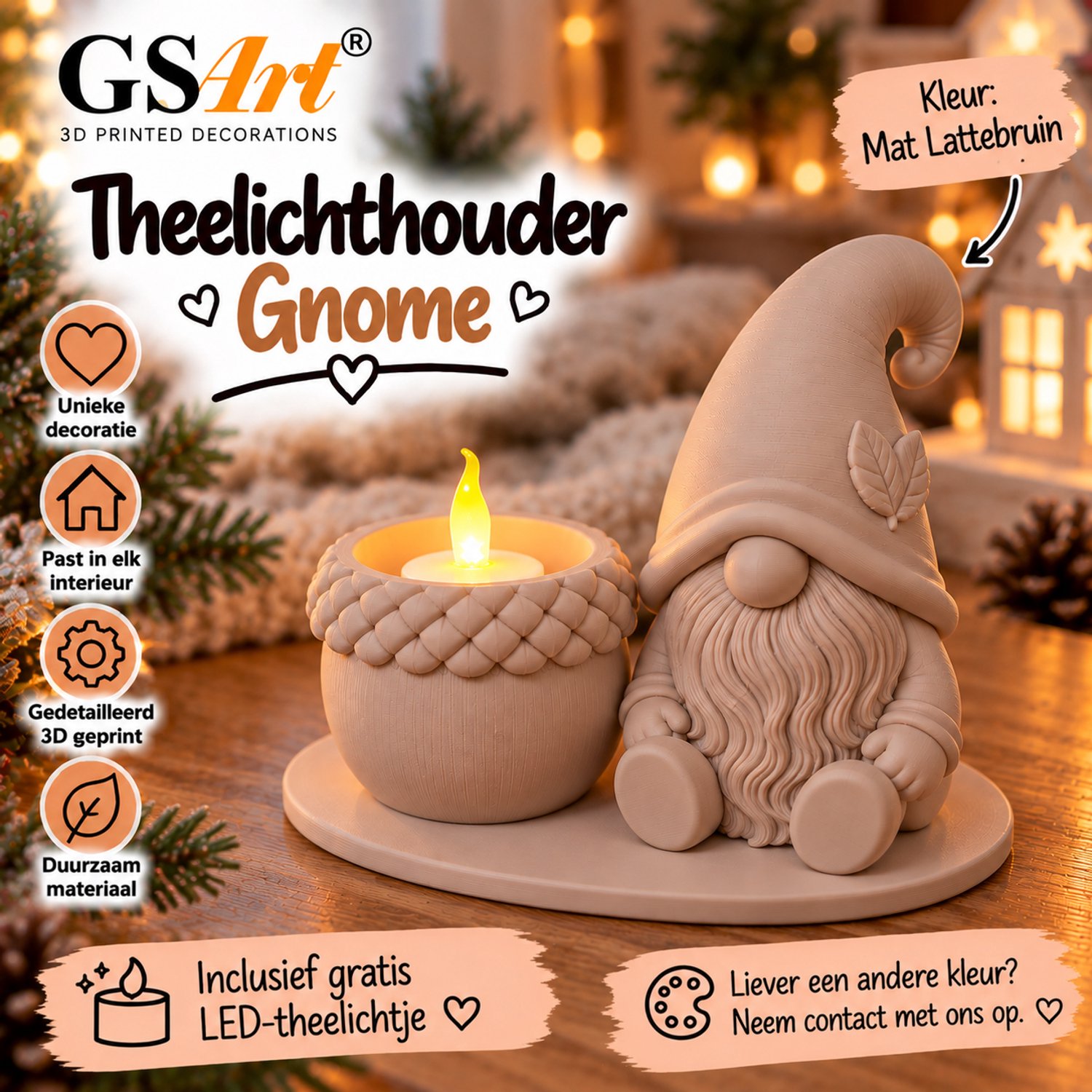 GSArt Theelichthouder Gnome – Inclusief LED Theelichtje – 3D Geprint - Mat Lattebruin