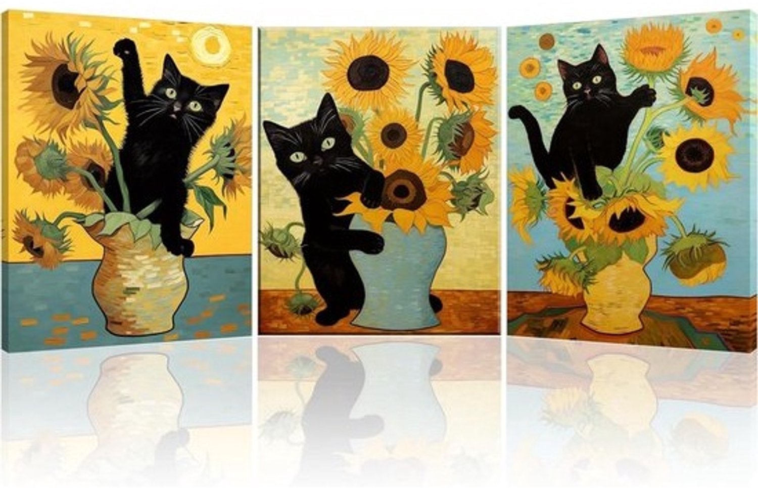 Canvas schilderijenset - Wanddecoratie voor thuis - Interieur opfleuren - Zwarte kat en zonnebloem - 3x 30x40 cm - Multicolor