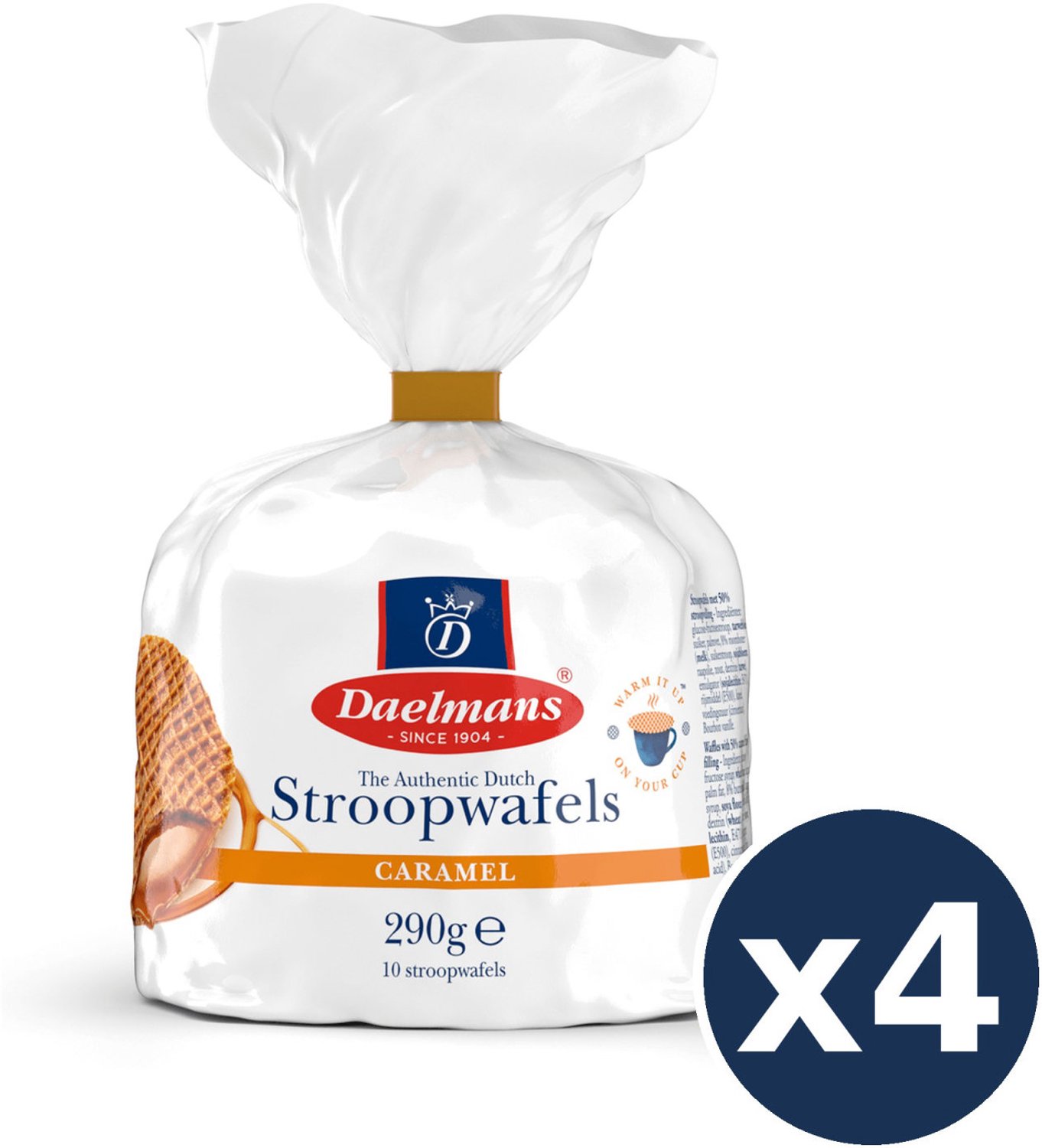Daelmans Karamel Stroopwafels 4-Pack Bundel – 4 x 290g Clipzak, 40 Stroopwafels Totaal, Traditioneel Hollands Recept sinds 1904