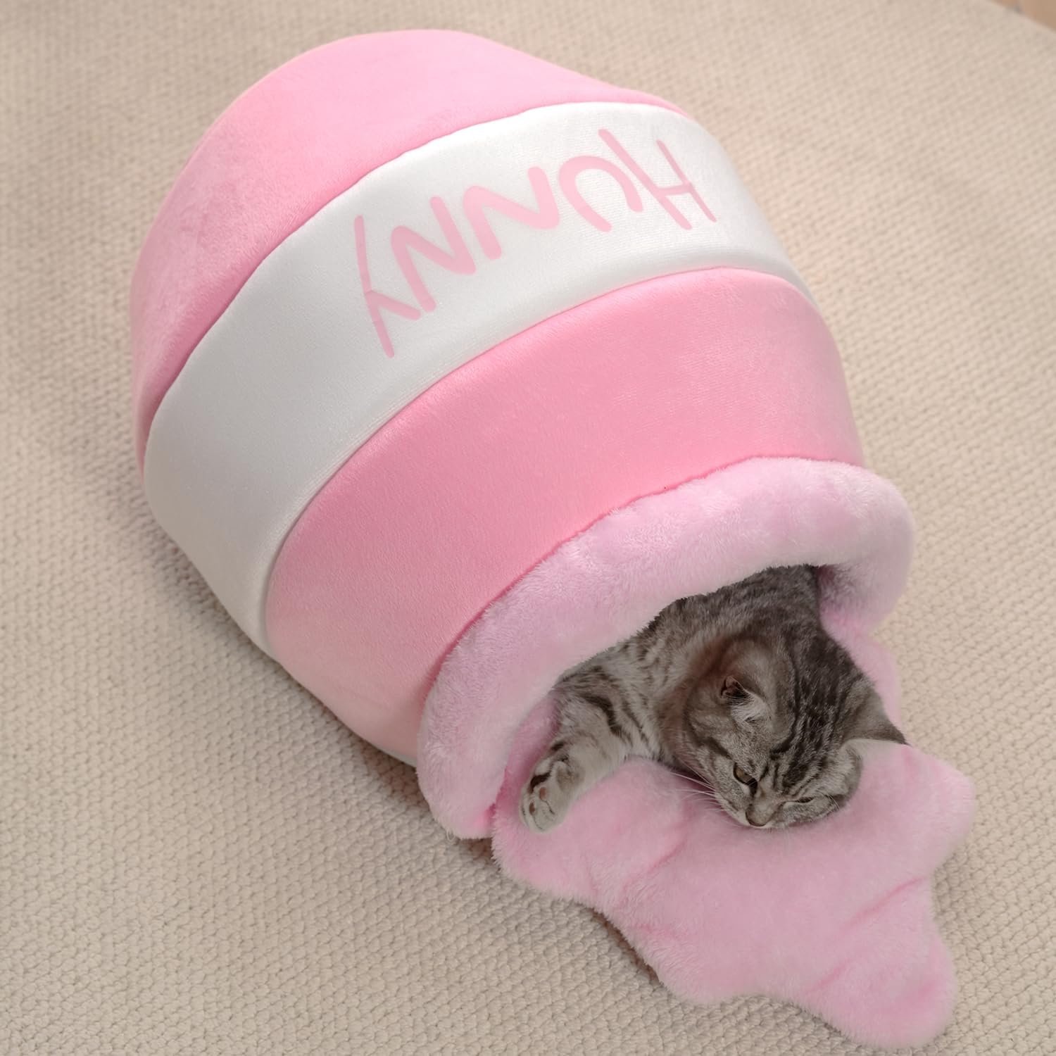 YAGXIG Warm Kattenbed – Huisdierbed – Winterkattenhuis – Honingpotdesign – Schattig Kattenbed – Uitneembaar en Wasbaar Matras – Roze (Geschikt voor katten met een gewicht van minder dan 7 kg en honden met een gewicht van minder dan 5,5 kg)