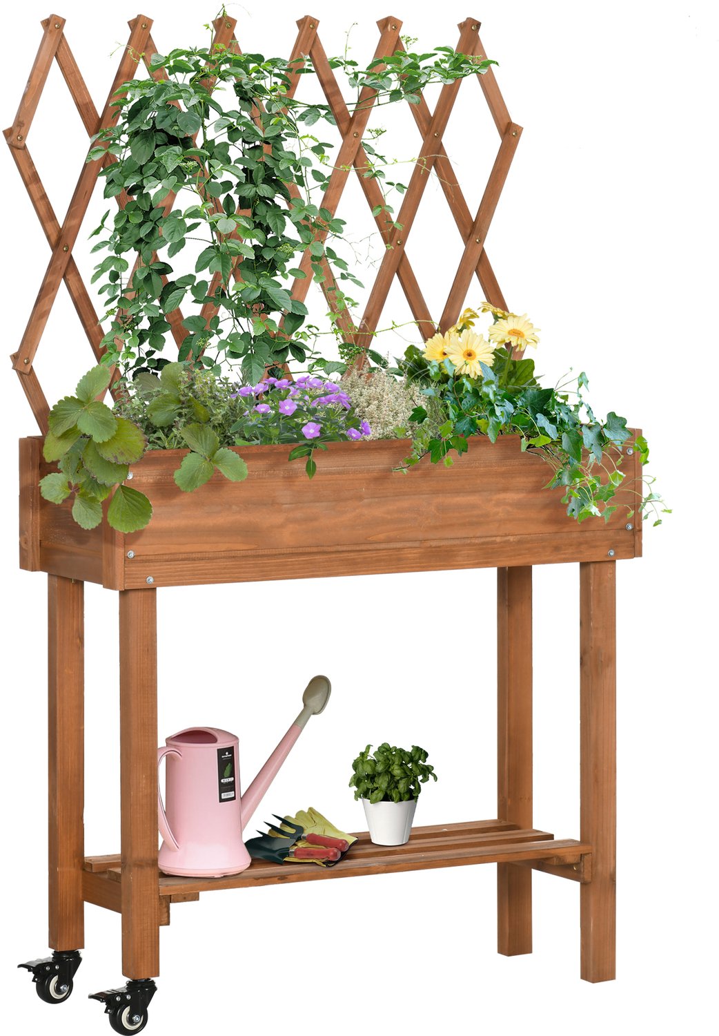 Sunona Verrijdbare moestuinbak met trellis en opbergplank - Van dennenhout - Met wielen - 79 x 29 x 130 cm - Bruin