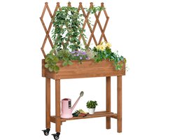 Sunona Verrijdbare plantenbak - Met klimrek en opbergplank - Massief dennenhout - 79 x 29 x 130 cm - Bruin