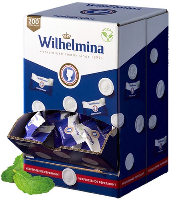 Displaydoos met 200 individueel verpakte Wilhelmina pepermuntjes, blauw-witte verpakking met koninklijk logo en verse munt.