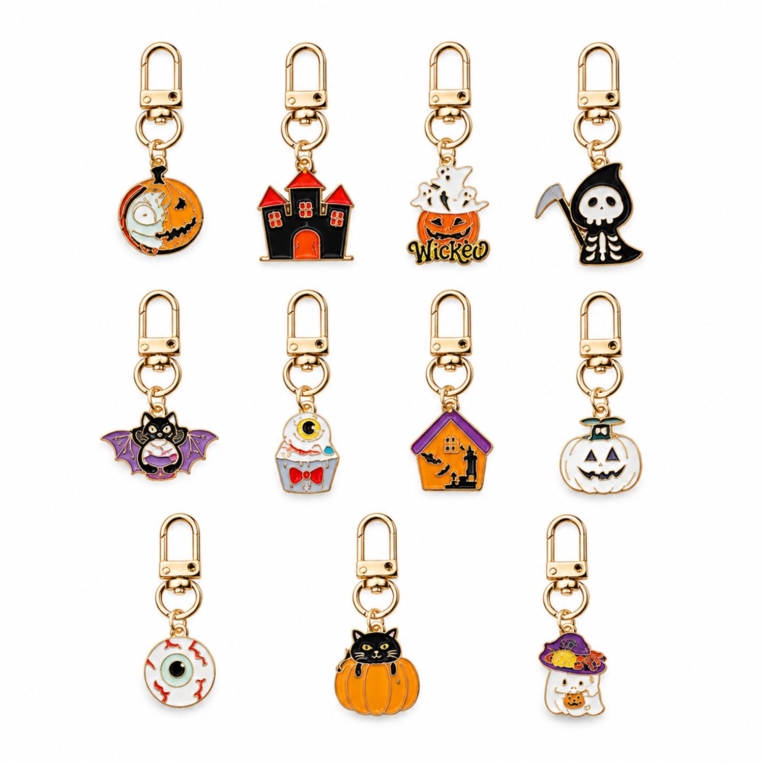 Sleutelhanger set van 11 - Halloweenfiguren van metaal met clip voor sleutels en tassen - Basisuitvoering in geschenkdoos