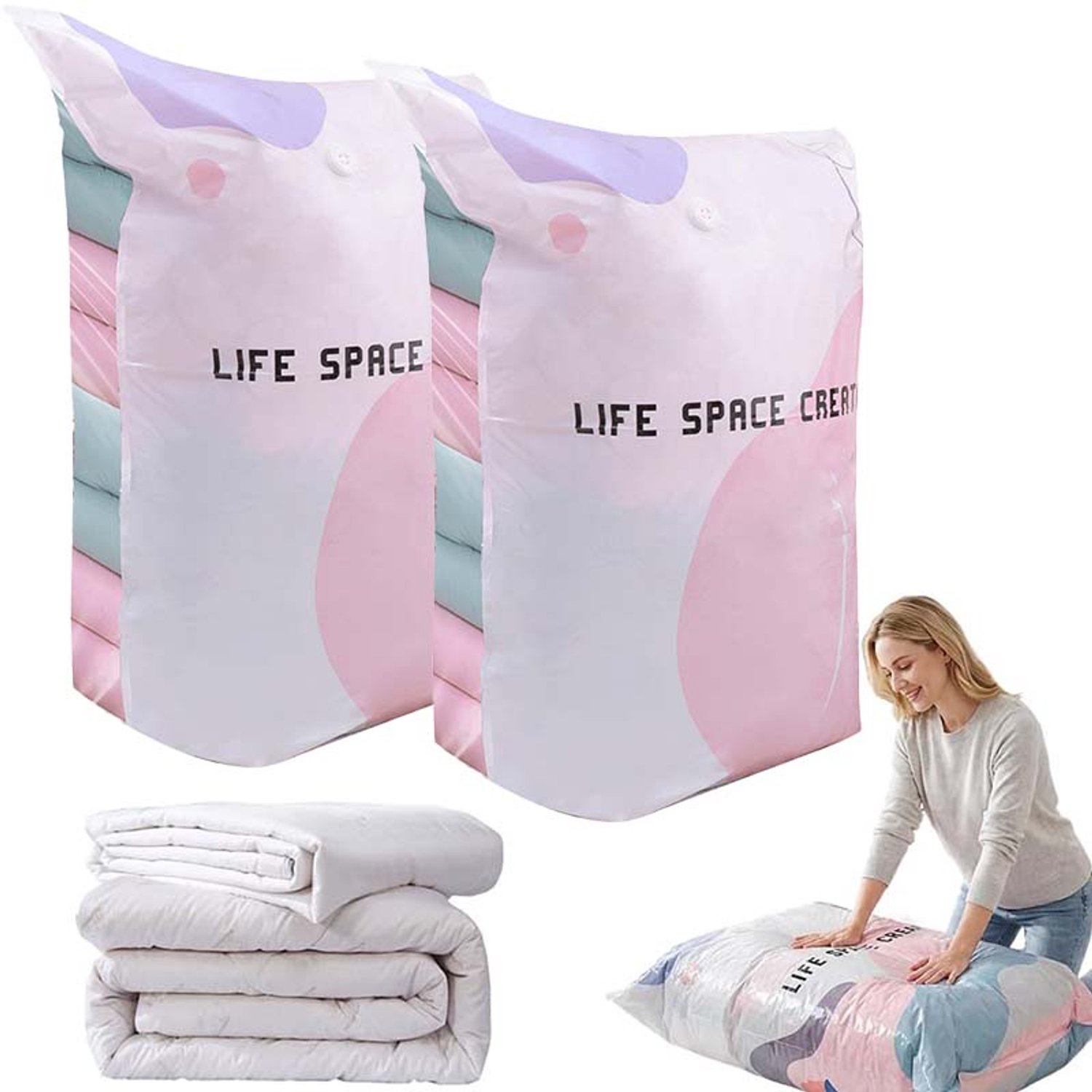 Mrilary 2 stuks vacuüm opbergzakken - 80x100x38 cm – 3D-drukcompressie – Zonder pomp – Ruimtebesparend – Voor dekbedden, kleding & reizen Roze - 2pcs