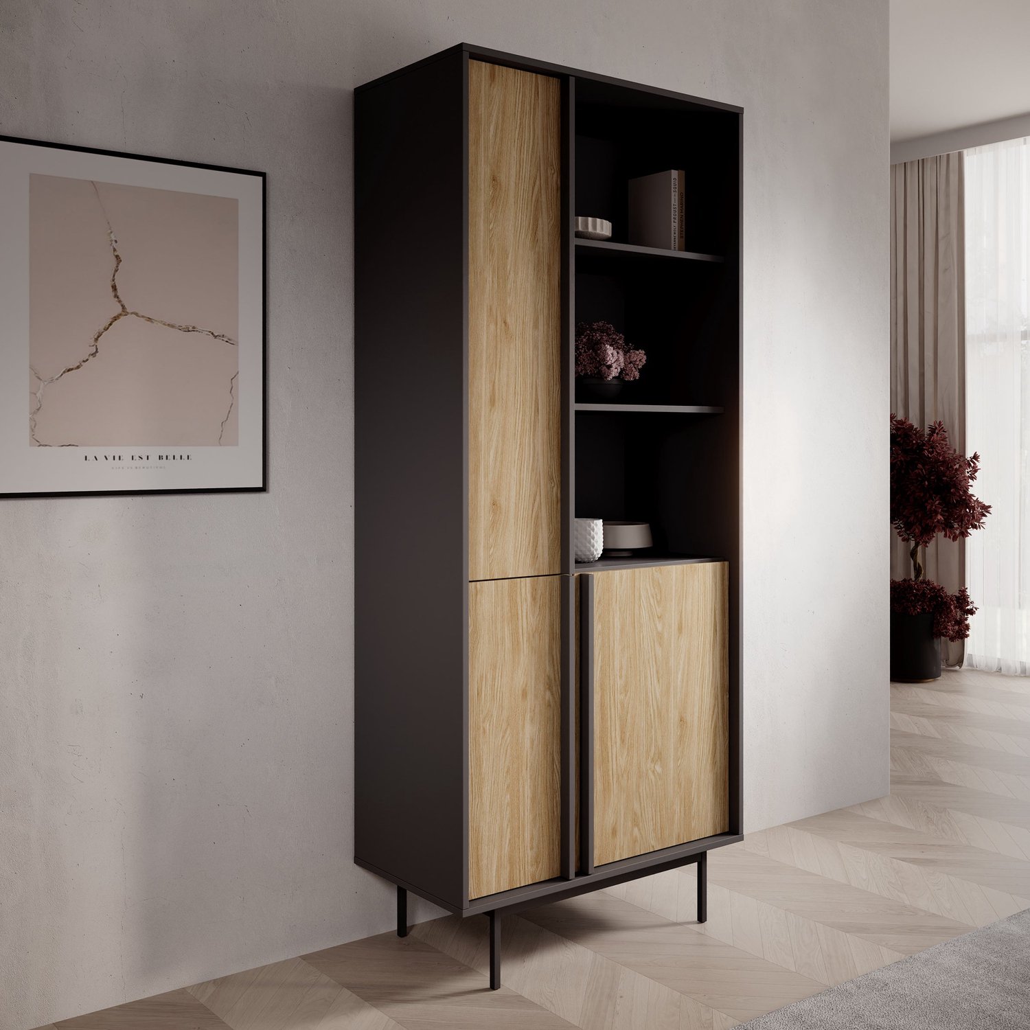 MEUBELLA Antigo - Boekenkast - Eiken/Antraciet - 83x43x195 cm Antraciet|Bruin