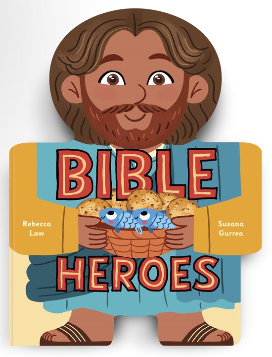Voorgevormd kinderboek Bible Heroes met Jezus in een blauw gewaad die een mand met broden en vissen vasthoudt.