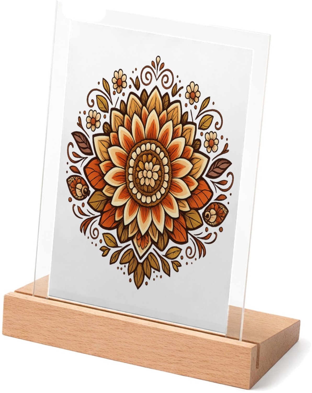Mr Cadeautjes Glasframe met vaste tekst - design Een rustige, symmetrische zonnebloemmandala met zachte boogl | cadeau Wit