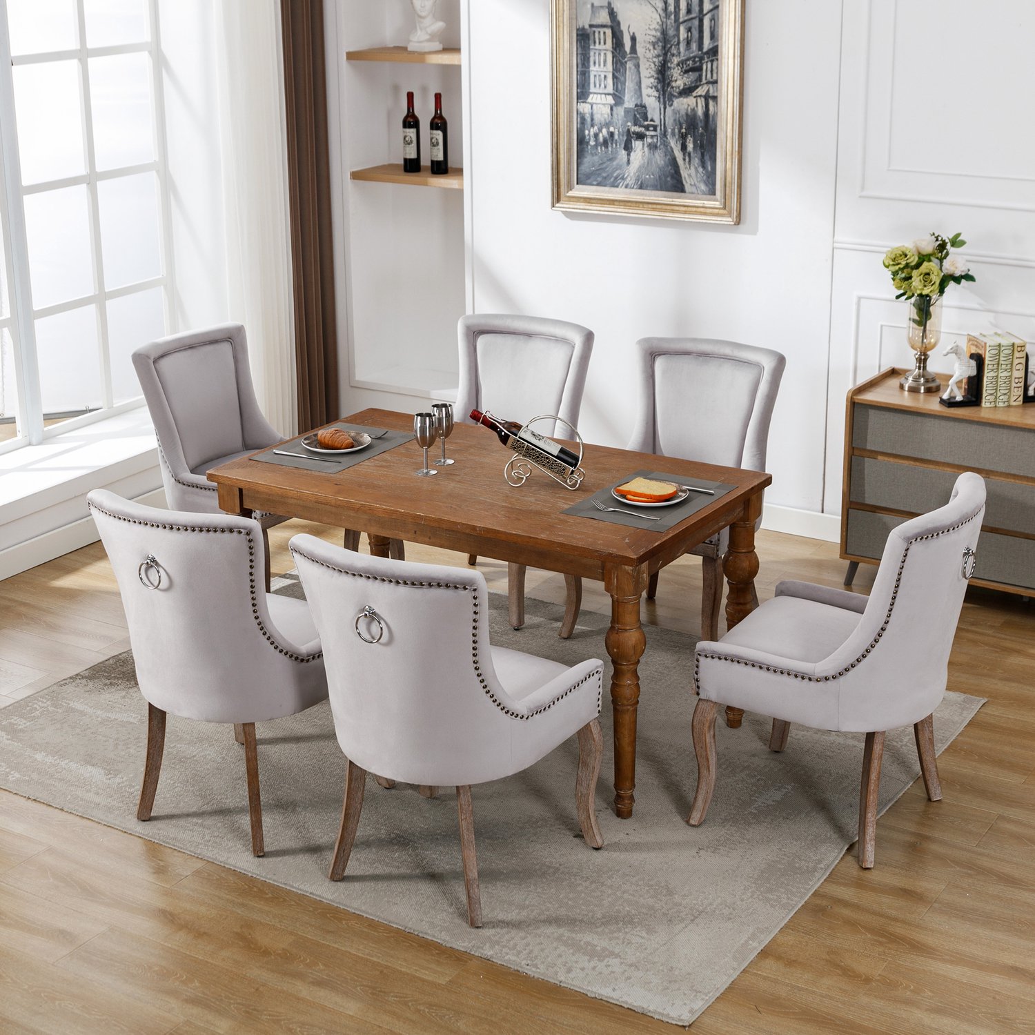 MEUNIQ Eetkamerstoelen set van 6 – grijze fluwelen stoelen met gestoffeerde zitting, gebogen rugleuning, houten poten en siernagels Grijs