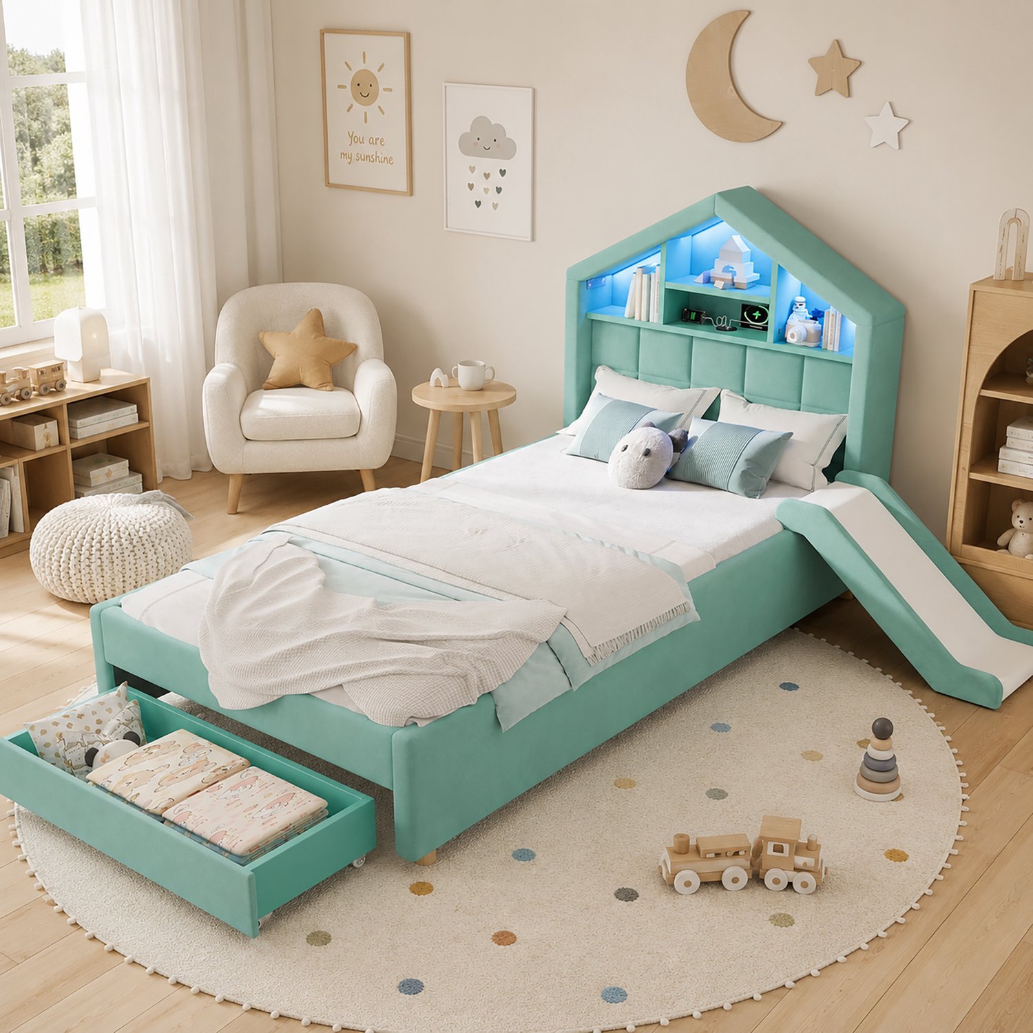HAUSS SPOLE Kinderbed 90x200 cm - Huisbed met Glijbaan en Bedlade - Met Ledverlichting en Oplaadaansluiting - Zonder Matras - Fluweel - Blauwgroen